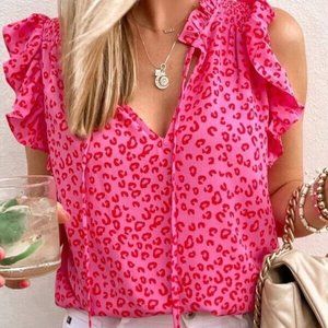 New Boutique Hot Pink Leopard Print Tank top w Ruffled Sleeve